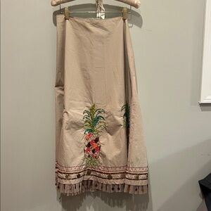 Boho Embroidered Midi Skirt with Tassel Hem